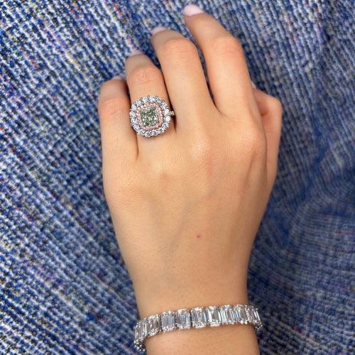 Green Cushion Diamond Halo Cocktail Ring