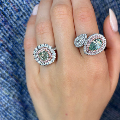 Green Cushion Diamond Halo Cocktail Ring