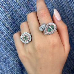 Green Cushion Diamond Halo Cocktail Ring