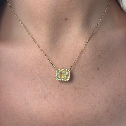 4ct Radiant in All Yellow Diamond Halo East West Pendant Necklace