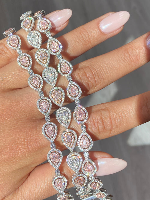 Alternating Pink and White Pear Diamond Halo Bracelet