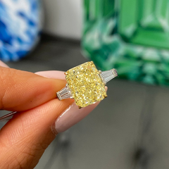 5.52ct Fancy Yellow Elongated Radiant Diamond Three Stone Ring