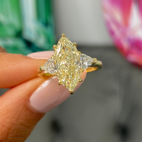 3 Carat Marquise Cut Light Yellow Diamond Three Stone Ring