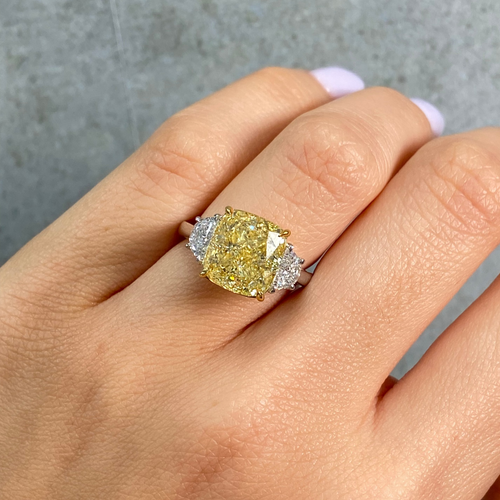 6.02ct Fancy Yellow Cushion Diamond Three Stone Engagement Ring