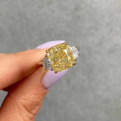 6.02ct Fancy Yellow Cushion Diamond Three Stone Engagement Ring