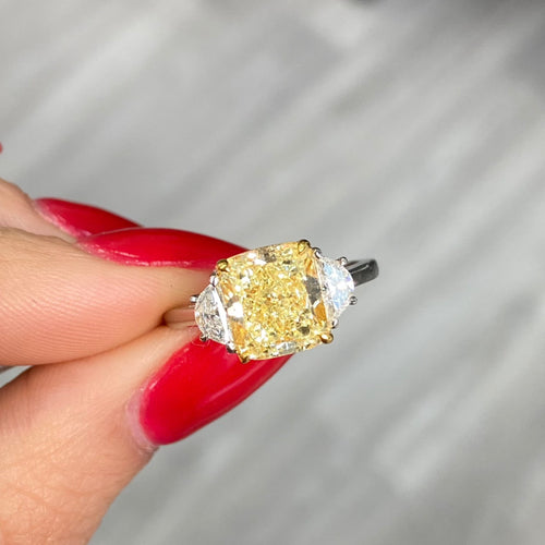 3.03 Carat Center Fancy Yellow Cushion Cut Center VS2 Clarity 0.33 Carat F Half Moons GIA Certified Diamond Crafted in Platinum and 18k Yellow Gold Handmade in NYC