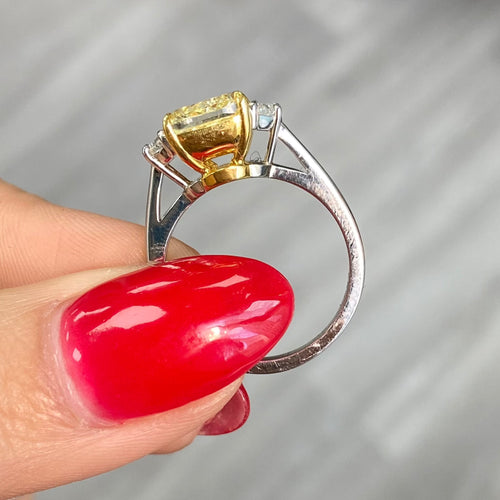 3.03 Carat Center Fancy Yellow Cushion Cut Center VS2 Clarity  0.33 Carat F Half Moons GIA Certified Diamond Crafted in Platinum and 18k Yellow Gold Handmade in NYC
