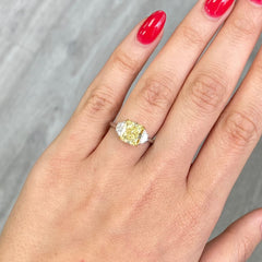 3.03 Carat Center Fancy Yellow Cushion Cut Center VS2 Clarity  0.33 Carat F Half Moons GIA Certified Diamond Crafted in Platinum and 18k Yellow Gold Handmade in NYC