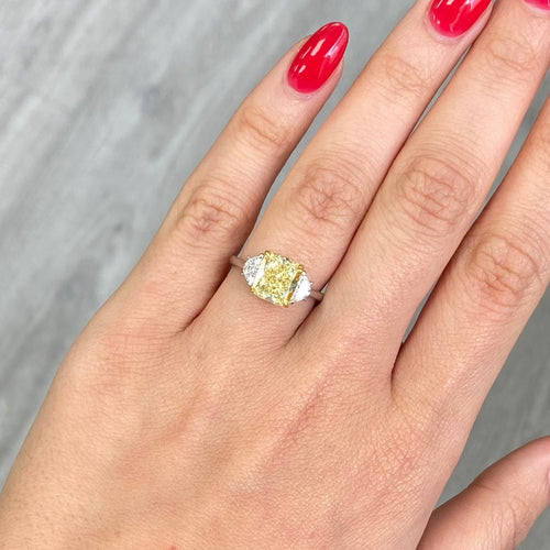 3.03 Carat Center Fancy Yellow Cushion Cut Center VS2 Clarity  0.33 Carat F Half Moons GIA Certified Diamond Crafted in Platinum and 18k Yellow Gold Handmade in NYC