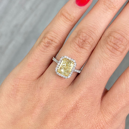 3.31 Carat Light Yellow (W-X) VS2 Clarity Radiant Cut Diamond 0.44 Carats of White Rounds GIA Certified Diamond Crafted in Platinum and 18k Yellow Gold Handmade in NYC