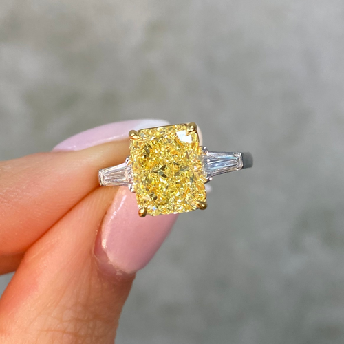 4 Carat Fancy Yellow Elongated Cushion Diamond Engagement Ring