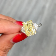 Fancy Yellow elongated radiant cut diamond three stone ring , three stone engagement ring unique engagement ring