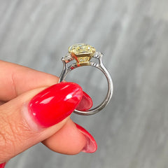 Fancy Yellow elongated radiant cut diamond three stone ring , three stone engagement ring unique engagement ring