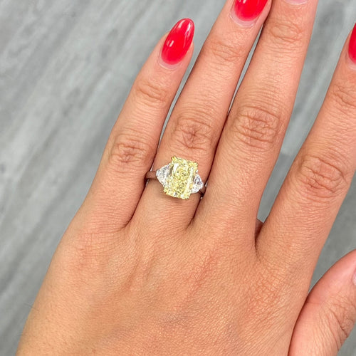 Fancy Yellow elongated radiant cut diamond three stone ring , three stone engagement ring unique engagement ring