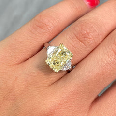 Fancy Yellow elongated radiant cut diamond three stone ring , three stone engagement ring unique engagement ring