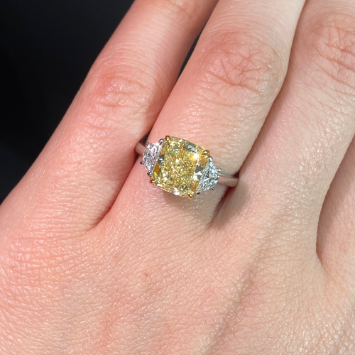 3.03 Carat Center Fancy Yellow Cushion Cut Center VS2 Clarity 0.33 Carat F Half Moons GIA Certified Diamond Crafted in Platinum and 18k Yellow Gold Handmade in NYC.