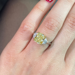 3.03 Carat Center Fancy Yellow Cushion Cut Center VS2 Clarity  0.33 Carat F Half Moons GIA Certified Diamond Crafted in Platinum and 18k Yellow Gold Handmade in NYC.