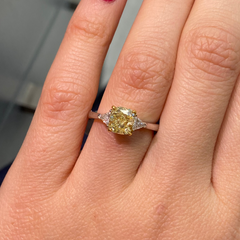 Natural yellow diamond three stone ring, three stone engagement ring, yellow diamond ring.