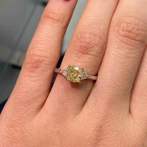 Natural yellow diamond three stone ring, three stone engagement ring, yellow diamond ring.