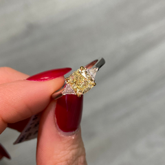 Natural yellow diamond three stone ring, three stone engagement ring, yellow diamond ring.