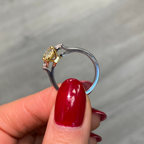 Natural yellow diamond three stone ring, three stone engagement ring, yellow diamond ring.