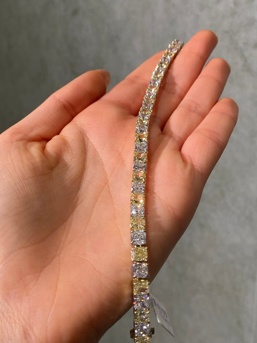 25 Carat Fancy Yellow and White Cushion Diamond Alternating Tennis Bracelet