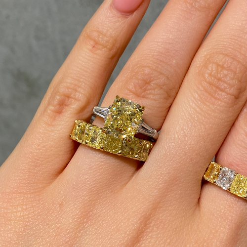 4 Carat Fancy Intense Yellow Elongated Radiant Diamond Engagement Ring
