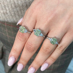 2.13 Carat Center Diamond GIA Certified Diamond Radiant Cut Diamond Fancy Light Brownish Greenish Yellow SI2 Clarity 0.31 Carats of F VS Cadillac Side Diamonds 0.13 Carats of Round Diamonds Handmade in 18k White Gold Handmade in NYC