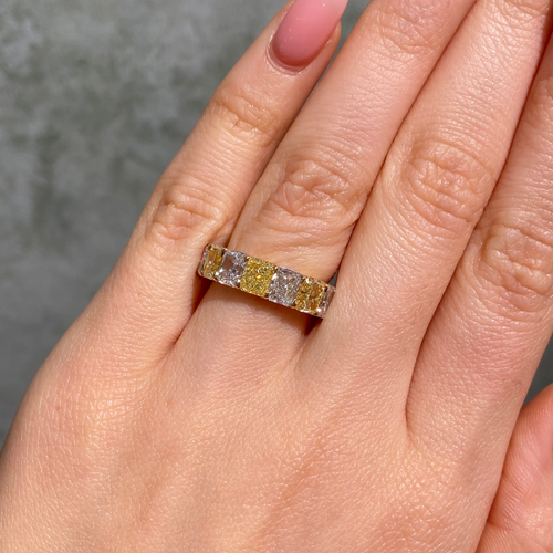 yellow and white diamond art deco band ring