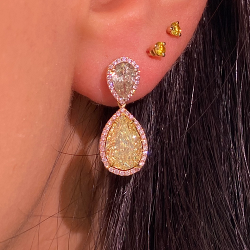 Fancy yellow diamond pear shape earrings. yellow diamond drop earrings. diamond earrings.