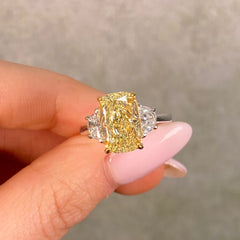 4 Carat Elongated Cushion Fancy Light Yellow Diamond Engagement Ring
