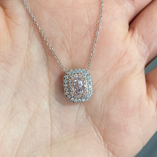 Pink Elongated Radiant Diamond Double Halo Pendant