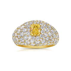 GIA certified elongated yellow diamond surrounded by white diamonds ring.