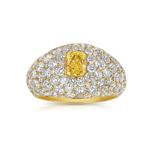 GIA certified elongated yellow diamond surrounded by white diamonds ring.