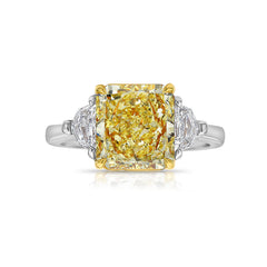 Old Money 3 Carat GIA Certified Intense Yellow Radiant Diamond Three Stone Ring.