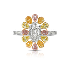 2.16 Carat Total Weight 1 Carat Center Elongated Oval Diamond VS2 Clarity GIA Certified Diamond 1.16 Carats of Multi Color Pear Shape Diamonds One of A Kind Design Handmade in NYC.