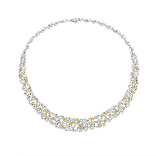 23.14 Total Carat Weight 4.78 Carats of Yellow Pear Shapes 18.36 Carats of White Marquise Cuts and Oval Diamonds One of A Kind Piece Handcrafted in NYC