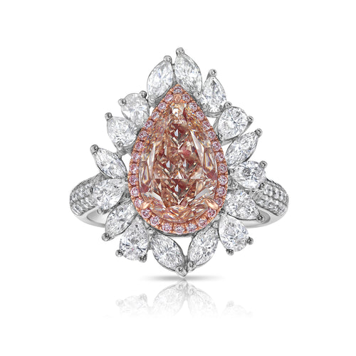 Unique peach color diamond ring, pear shaped, GIA certified.