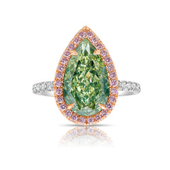 GIA certified fancy pear shaped green ring with pink diamonds.