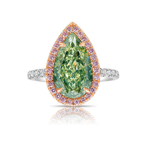 GIA certified fancy pear shaped green ring with pink diamonds.