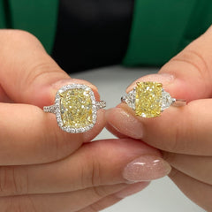 4.73 Carat Center Diamond GIA Light Yellow VS2 Clarity Cushion Cut Diamond 0.52 Carats of White Rounds Set in Platinum and 18k Gold Split Shank band Handmade in NYC GIA Certified Diamond