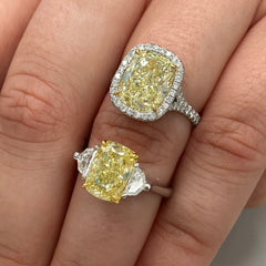 4.73 Carat Center Diamond GIA Light Yellow VS2 Clarity Cushion Cut Diamond 0.52 Carats of White Rounds Set in Platinum and 18k Gold Split Shank band Handmade in NYC GIA Certified Diamond