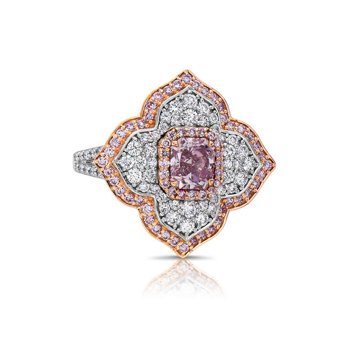 Ethereal Pink radiant diamond ring, natural pink diamond, pink floral diamond ring.