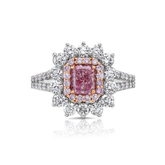 Fancy purplish pink radiant cut diamond ring with diamond halo.