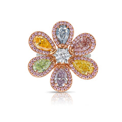 GIA-certified multicolor diamond flower ring featuring natural round brilliant cut diamonds.
