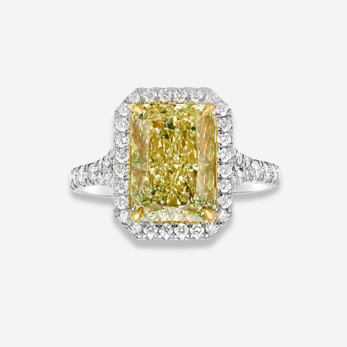 5ct Light Yellow Elongated Radiant Diamond Halo Engagement Ring