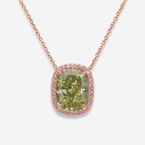 5.83ct Green Cushion Diamond Pink Halo Pendant