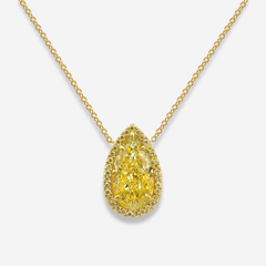 4ct Yellow Pear Diamond Golden Halo Pendant Necklace