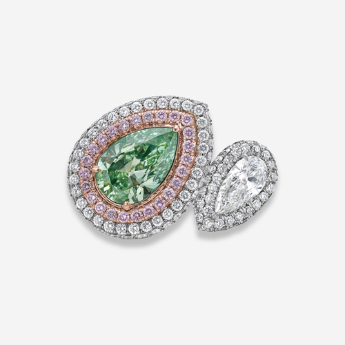 Green and White Pear Diamond Bypass Ring