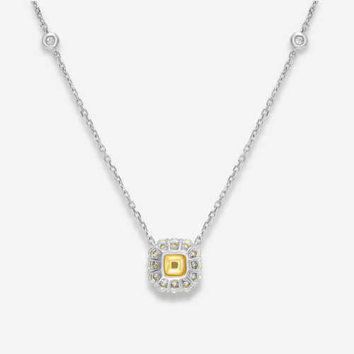 1 Carat Fancy Light Yellow Cushion with White Halo Diamond Pendant Necklace